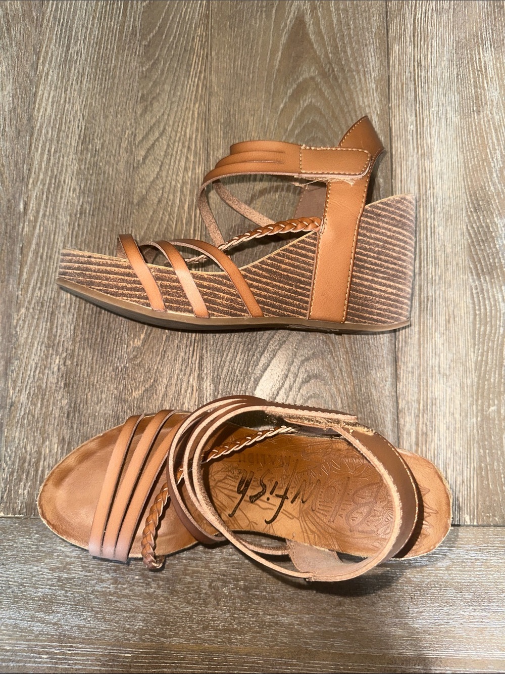 Blowfish Malibu Tan Strappy Cork Wedge Sandals Women’s Size 9 Braided Detail
